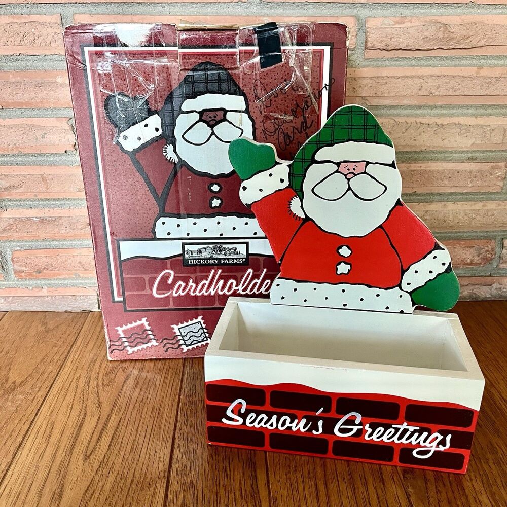 Vintage Hickory Farms Wood Santa Christmas Card Box Holder Chimney